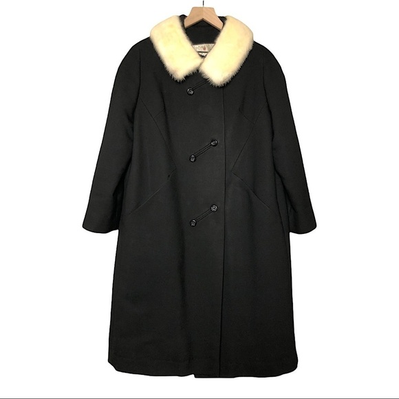 VINTAGE 60s Asymmetrical Button Fur Collar Black Wool Coat ROTHSCHILD’S Size M/L - Picture 1 of 9